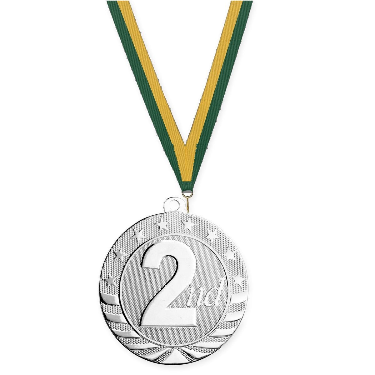 2 3/4 inch Place Starbrite medal in silver - 2nd place with Hunter Green Gold neck ribbon