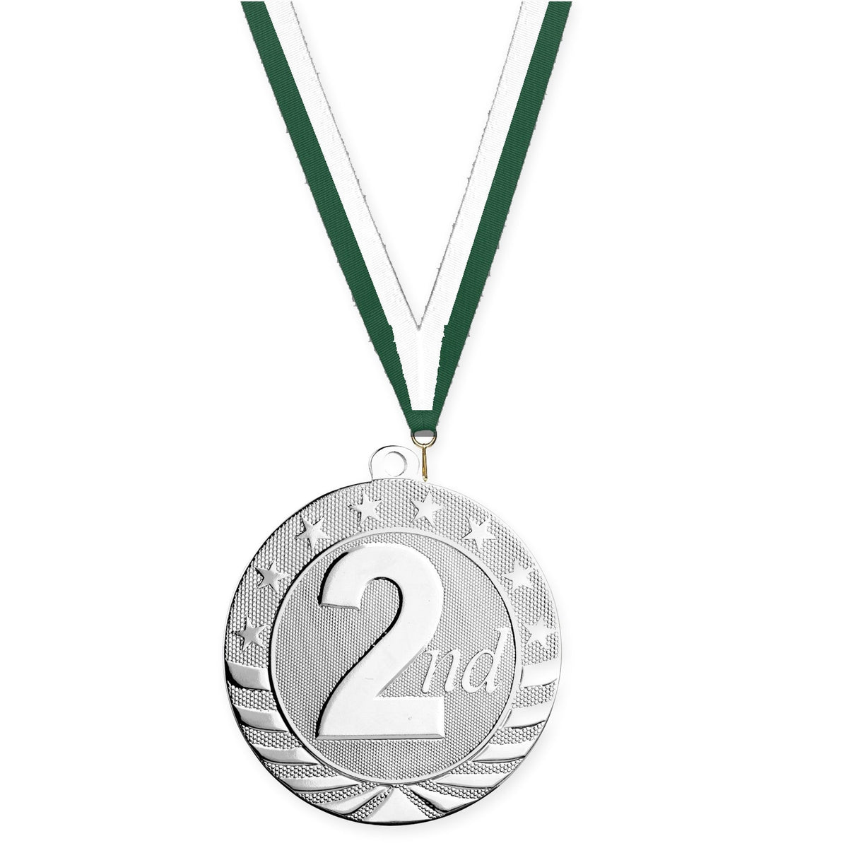 2 3/4 inch Place Starbrite medal in silver - 2nd place with Hunter Green White neck ribbon