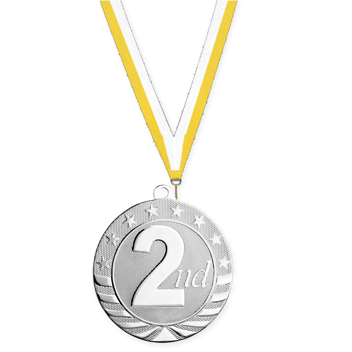 2 3/4 inch Place Starbrite medal in silver - 2nd place with Yellow White neck ribbon