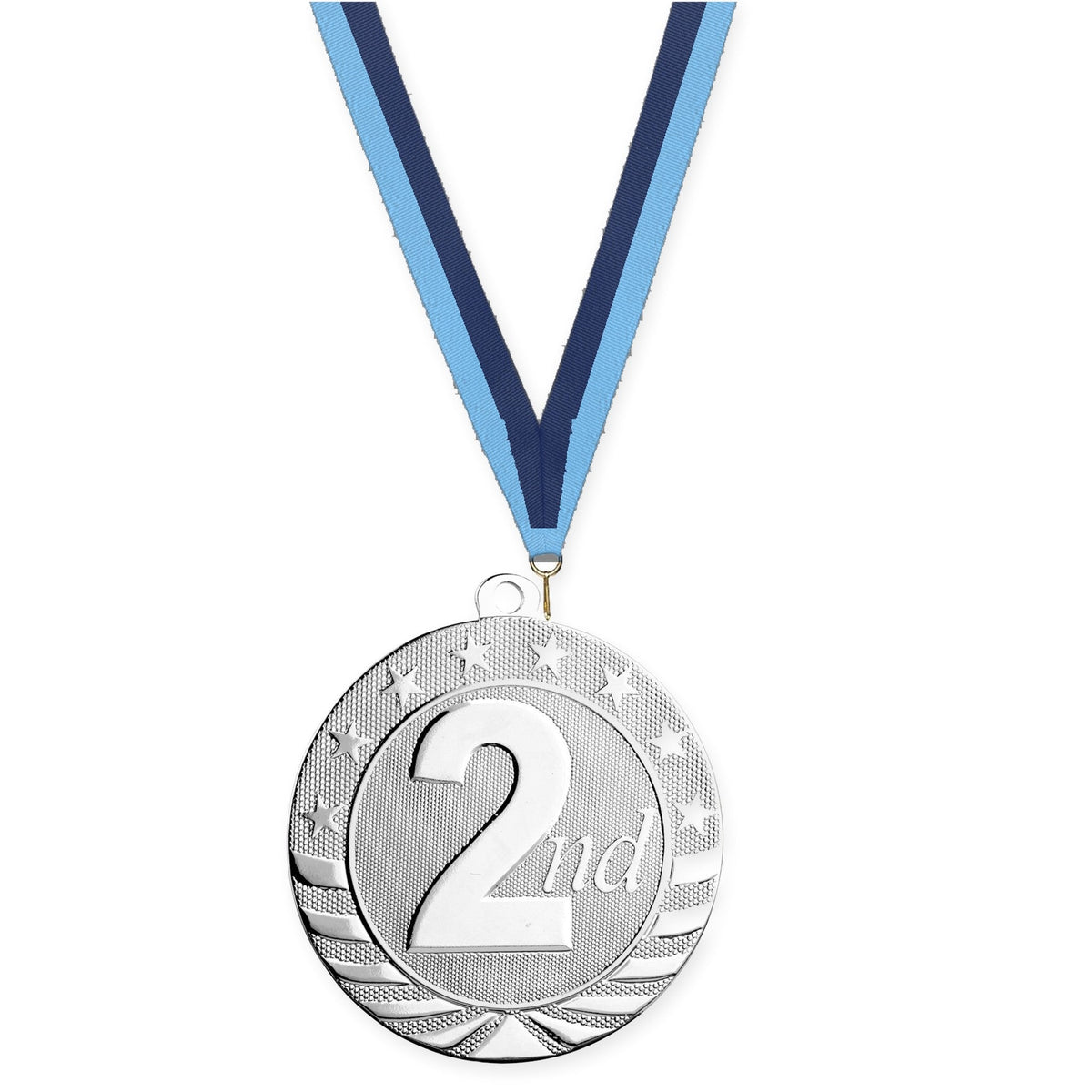 2 3/4 inch Place Starbrite medal in silver - 2nd place with Light Blue Navy neck ribbon