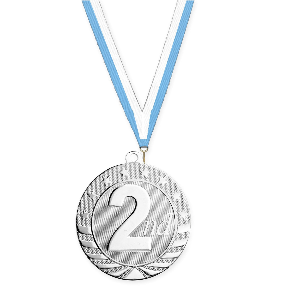 2 3/4 inch Place Starbrite medal in silver - 2nd place with Light Blue White neck ribbon