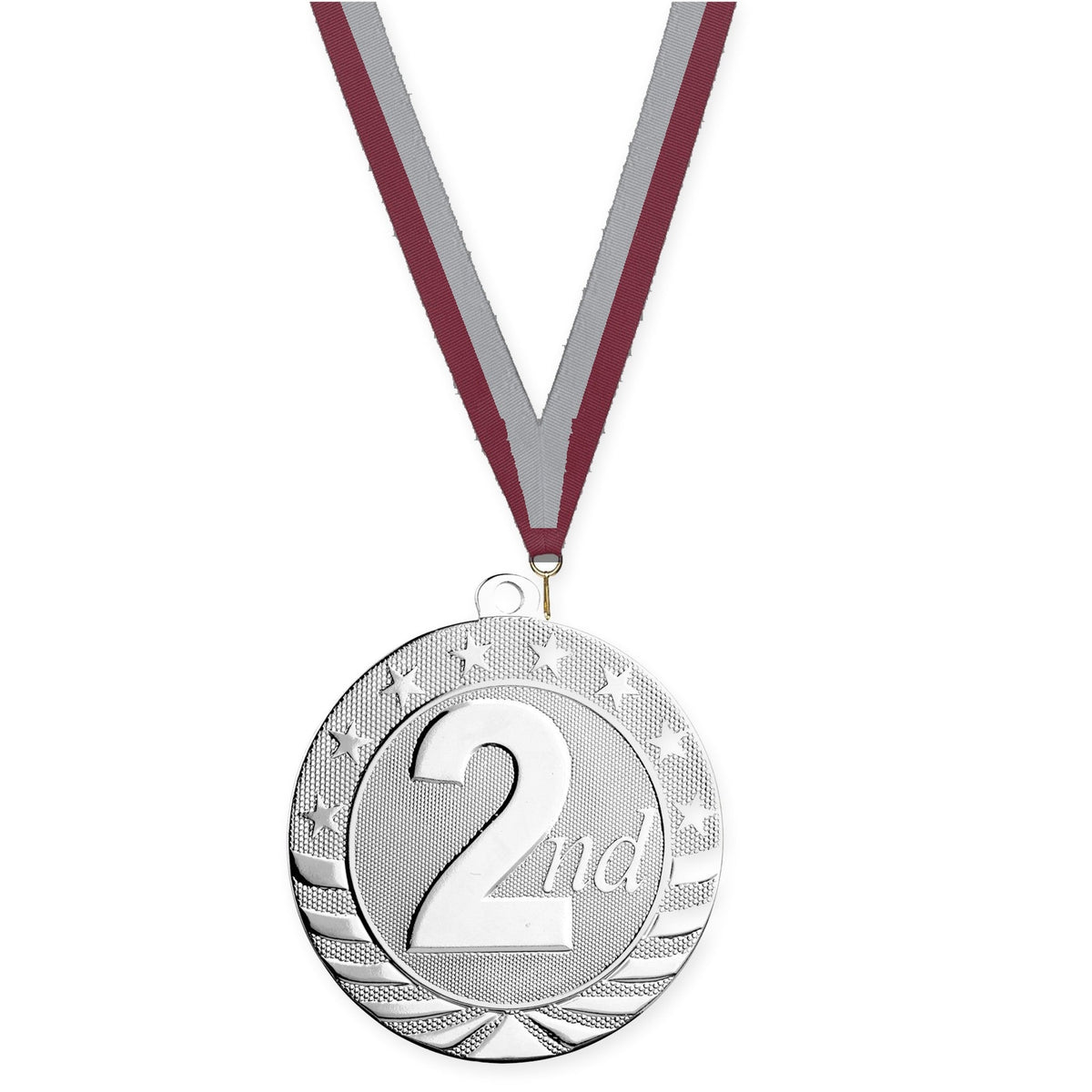 2 3/4 inch Place Starbrite medal in silver - 2nd place with Maroon Gray neck ribbon