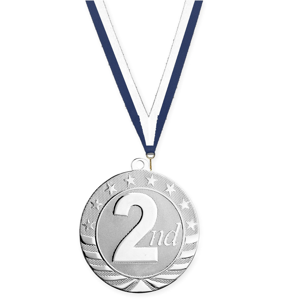 2 3/4 inch Place Starbrite medal in silver - 2nd place with Navy White neck ribbon