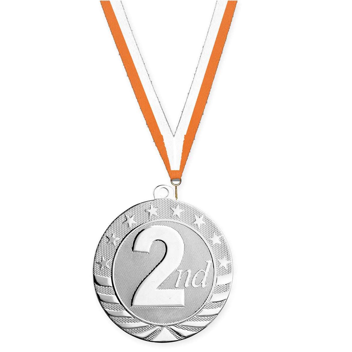 2 3/4 inch Place Starbrite medal in silver - 2nd place with Orange White neck ribbon