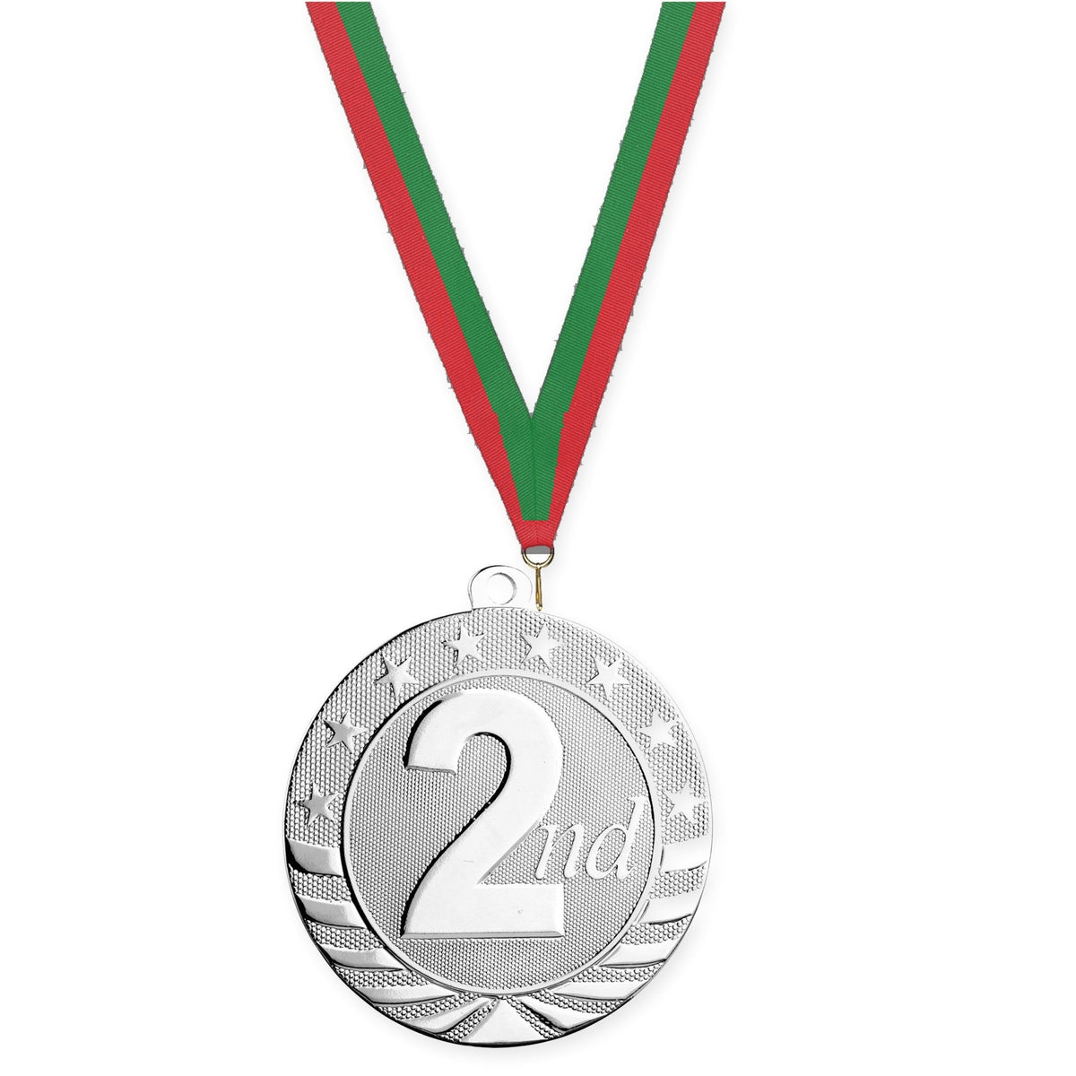 2 3/4 inch Place Starbrite medal in silver - 2nd place with Red Green neck ribbon