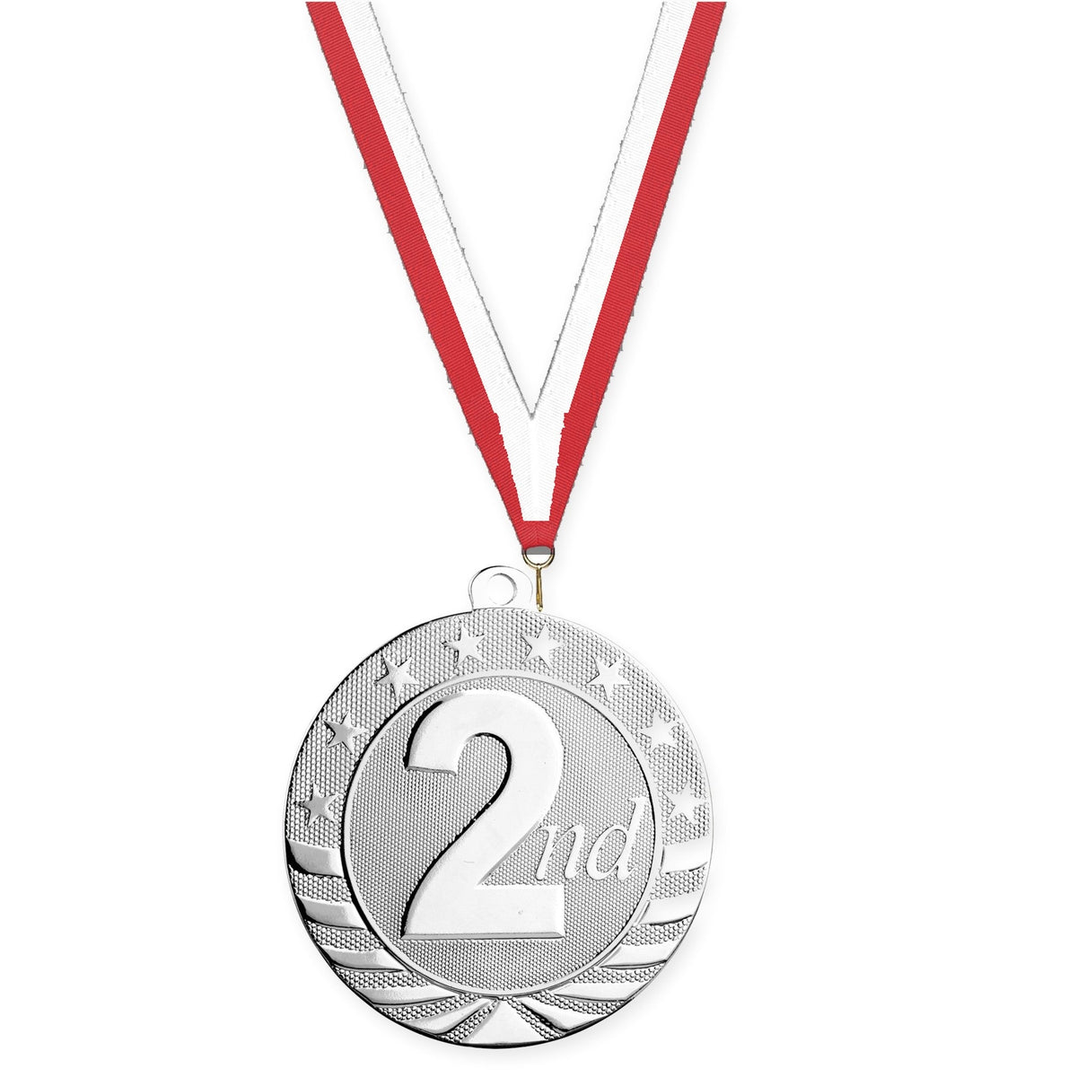 2 3/4 inch Place Starbrite medal in silver - 2nd place with Red White neck ribbon