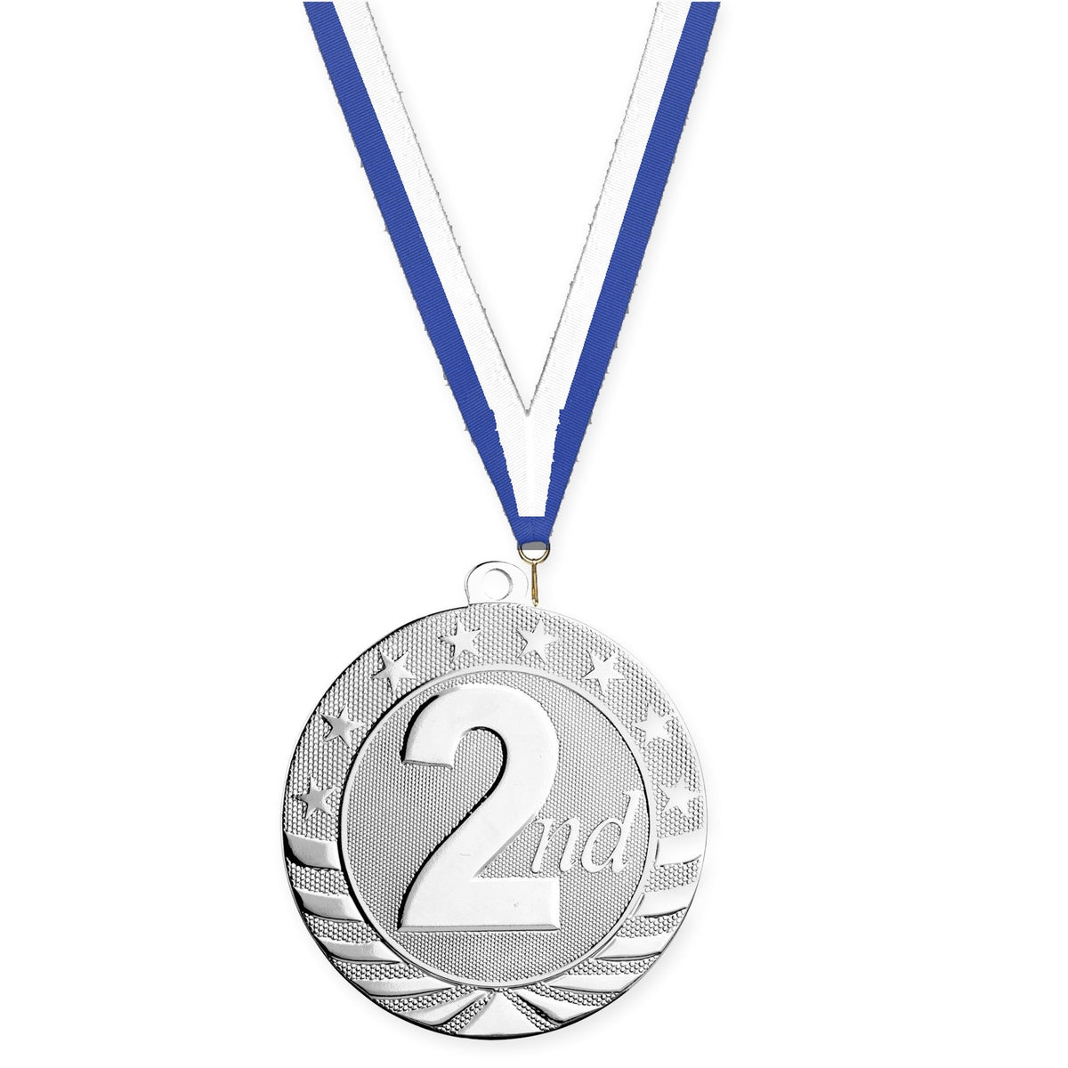 2 3/4 inch Place Starbrite medal in silver - 2nd place with Blue White neck ribbon