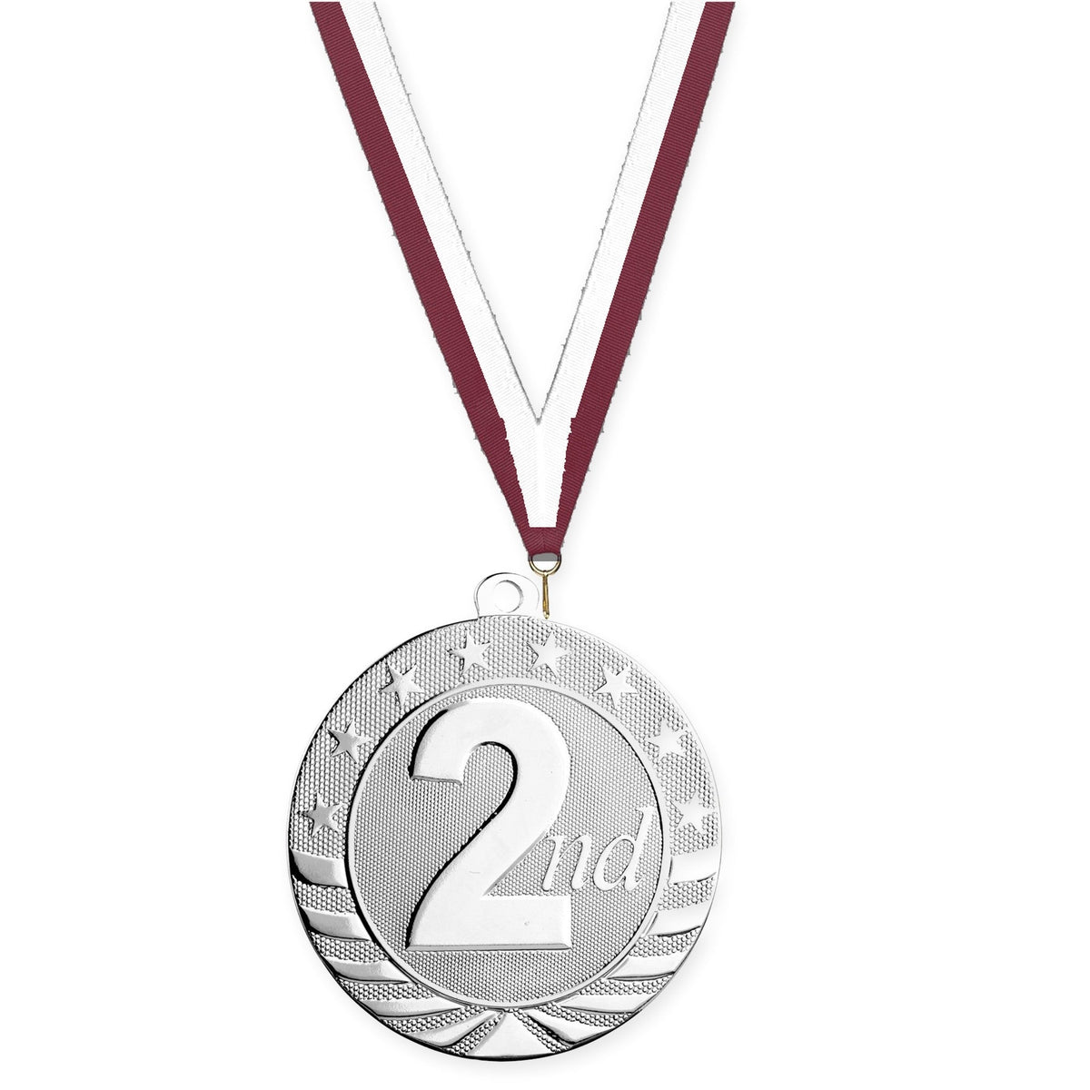 2 3/4 inch Place Starbrite medal in silver - 2nd place with Maroon White neck ribbon