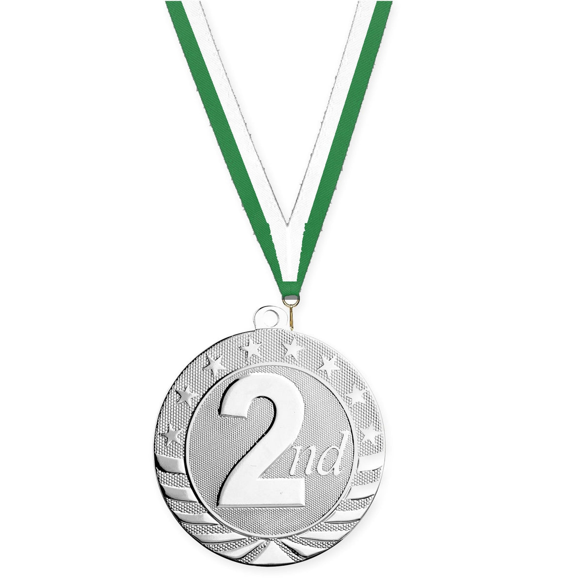 2 3/4 inch Place Starbrite medal in silver - 2nd place with Green White neck ribbon