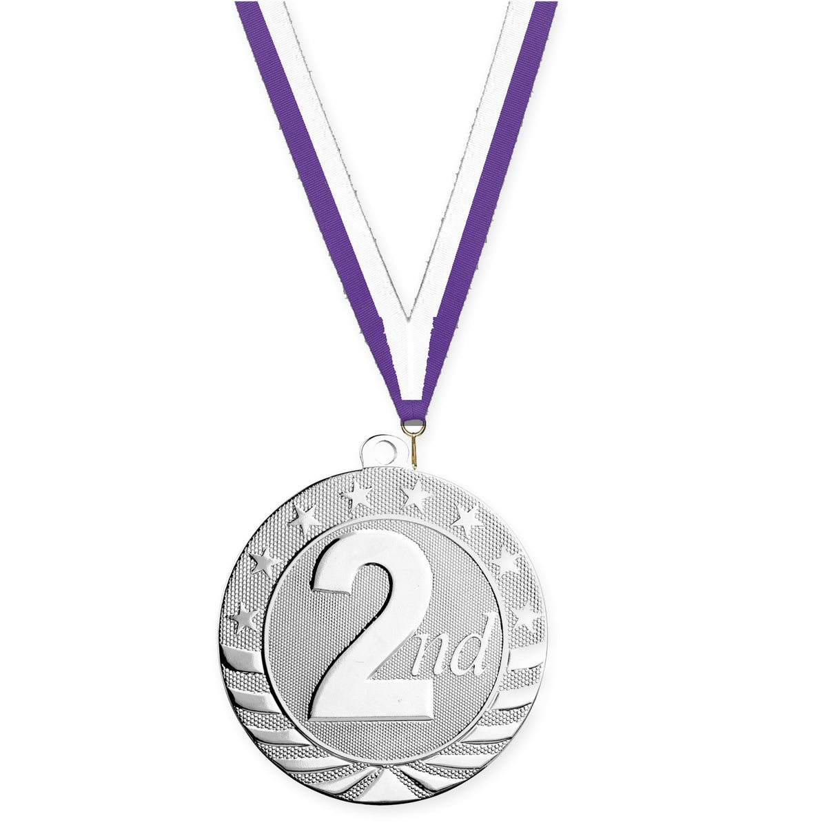 2 3/4 inch Place Starbrite medal in silver - 2nd place with Purple White neck ribbon