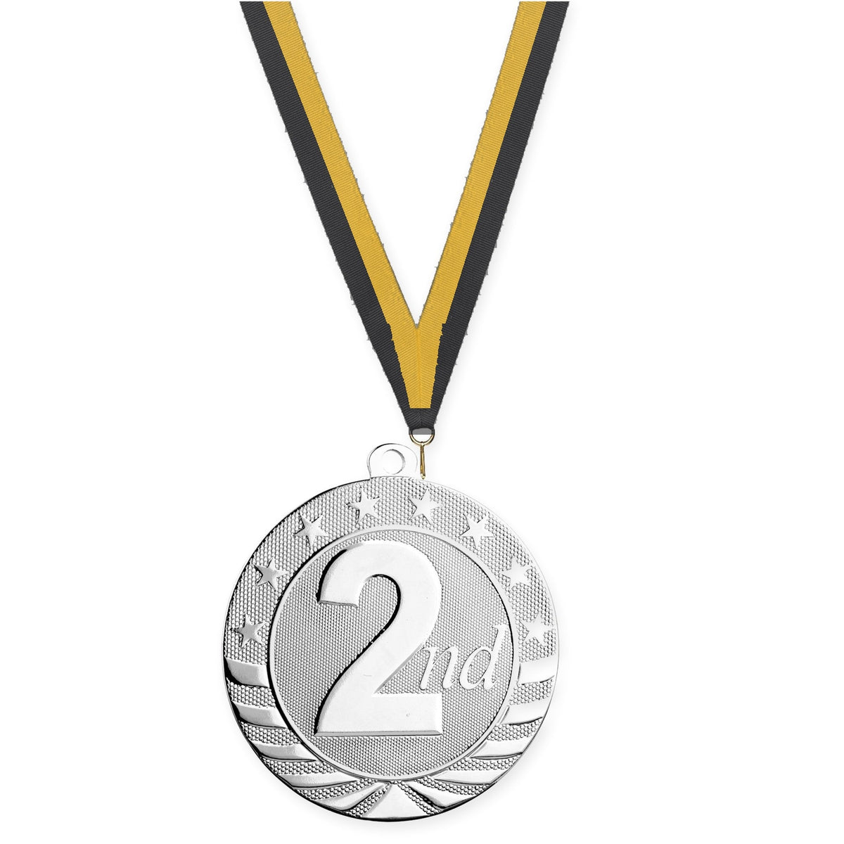 2 3/4 inch Place Starbrite medal in silver - 2nd place with Black Gold neck ribbon