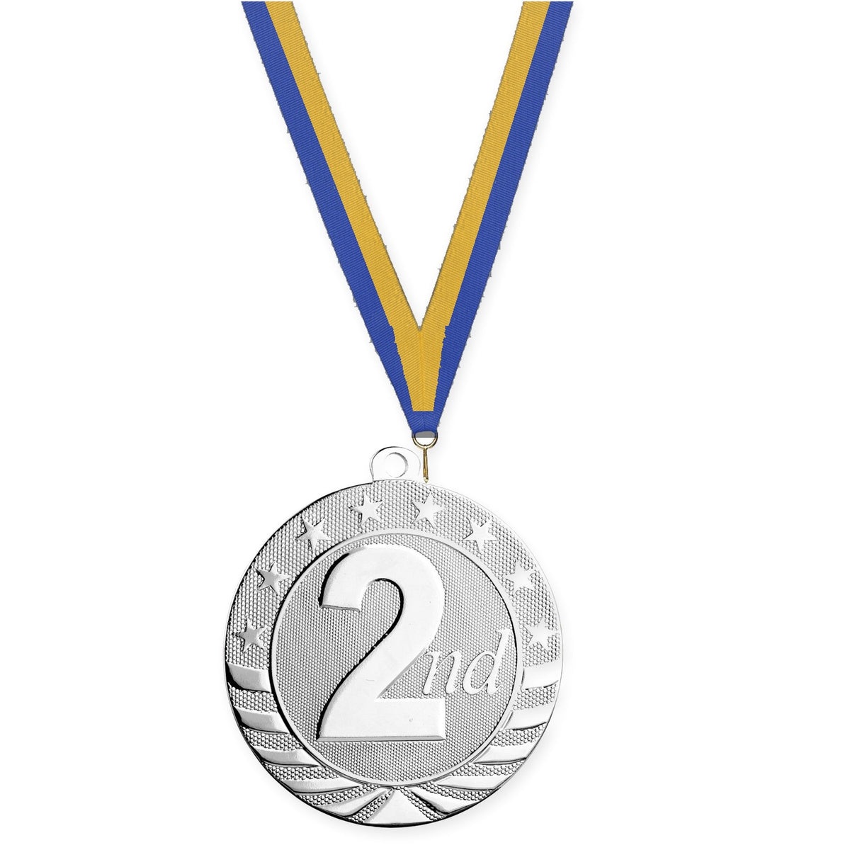 2 3/4 inch Place Starbrite medal in silver - 2nd place with Blue Gold neck ribbon