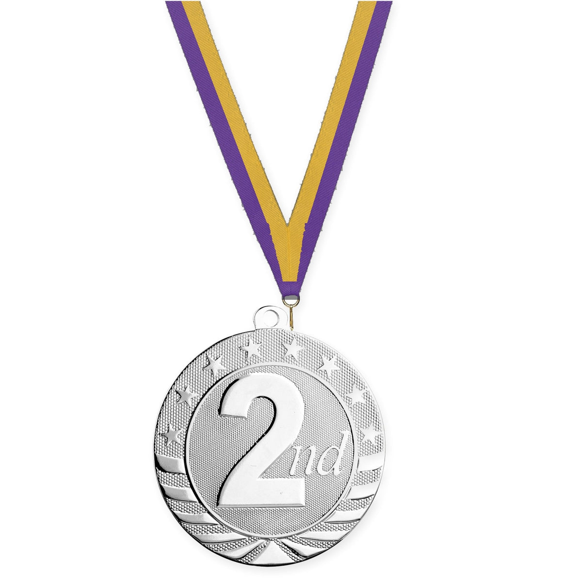 2 3/4 inch Place Starbrite medal in silver - 2nd place with Purple Gold neck ribbon