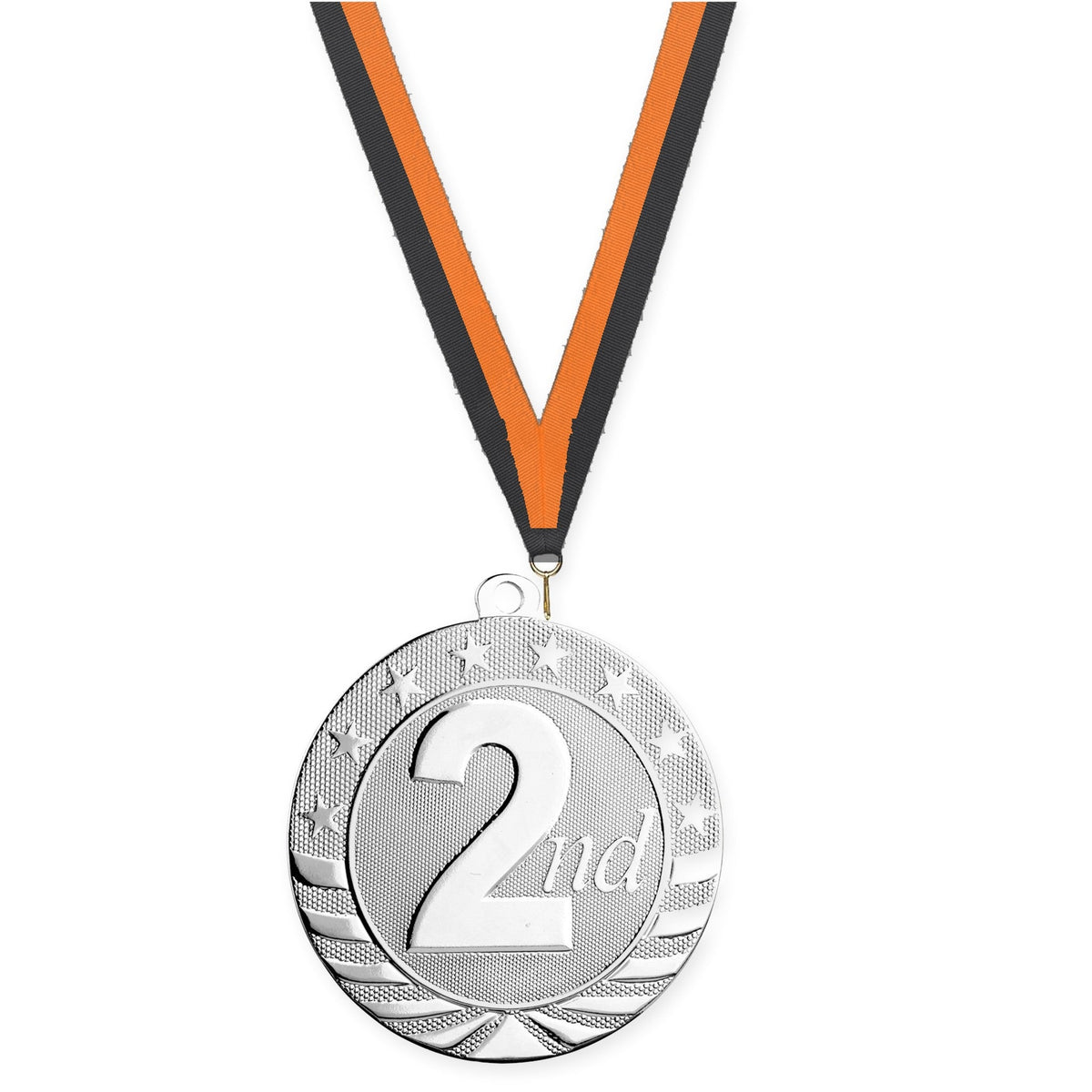 2 3/4 inch Place Starbrite medal in silver - 2nd place with Black Orange neck ribbon