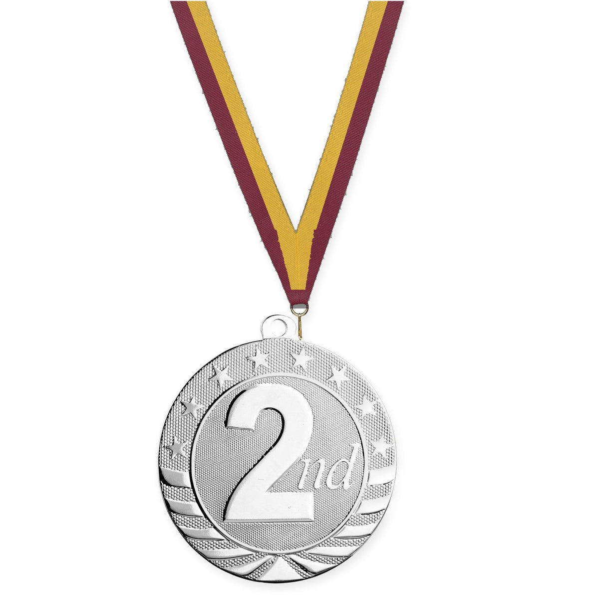 2 3/4 inch Place Starbrite medal in silver - 2nd place with Maroon Gold neck ribbon