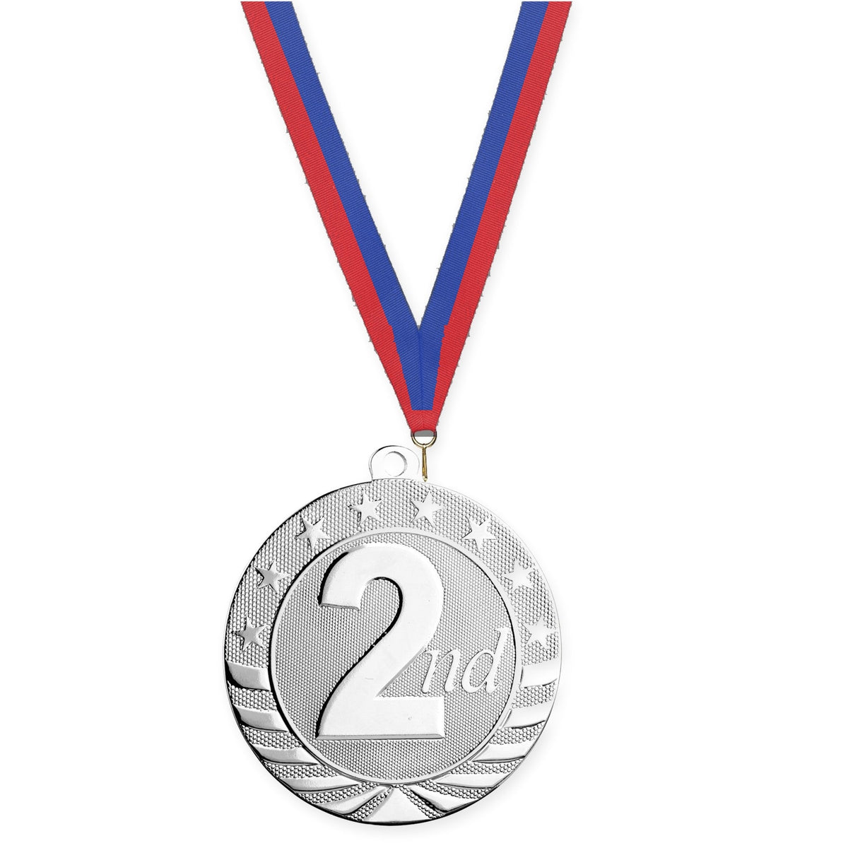 2 3/4 inch Place Starbrite medal in silver - 2nd place with Blue Red neck ribbon