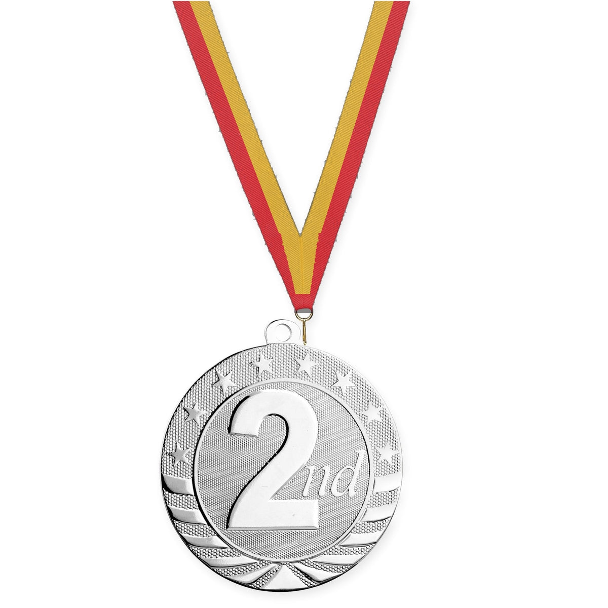 2 3/4 inch Place Starbrite medal in silver - 2nd place with Red Gold neck ribbon
