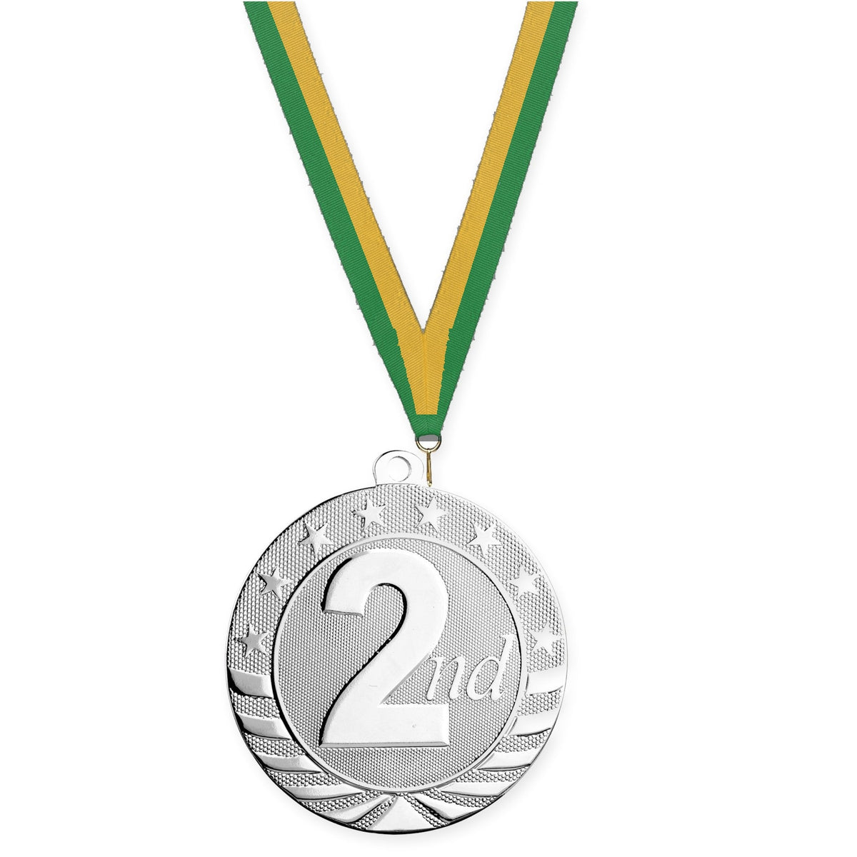 2 3/4 inch Place Starbrite medal in silver - 2nd place with Green Gold neck ribbon