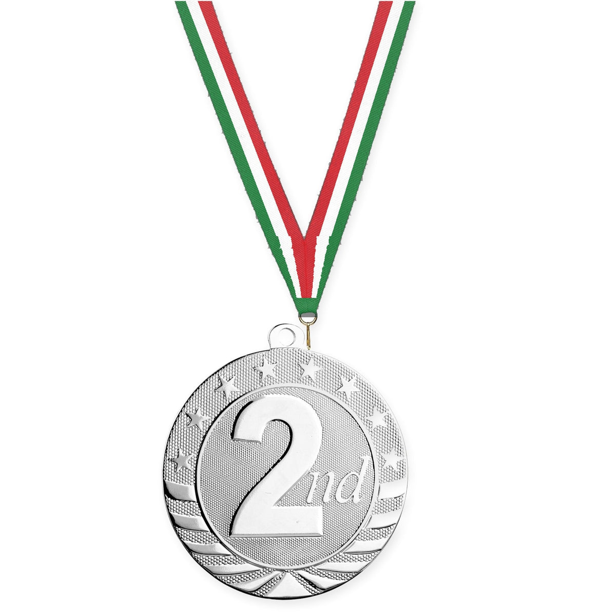 2 3/4 inch Place Starbrite medal in silver - 2nd place with Green White Red neck ribbon