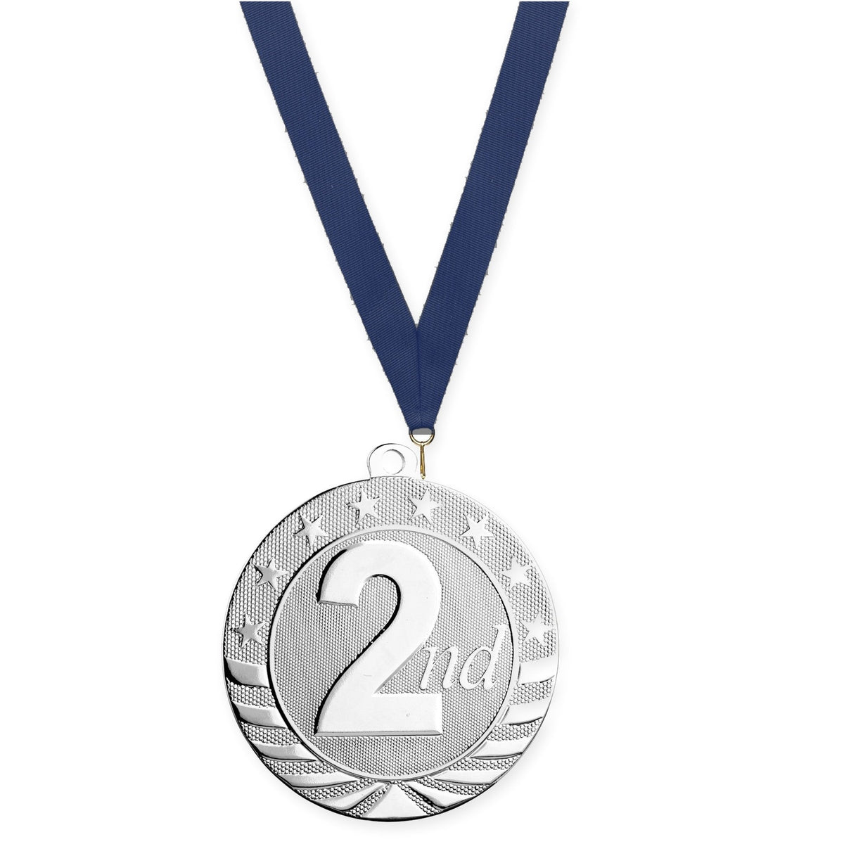 2 3/4 inch Place Starbrite medal in silver - 2nd place with Navy neck ribbon
