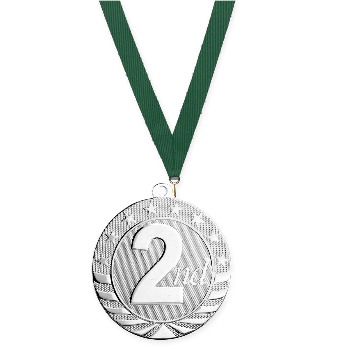 2 3/4 inch Place Starbrite medal in silver - 2nd place with Hunter Green neck ribbon