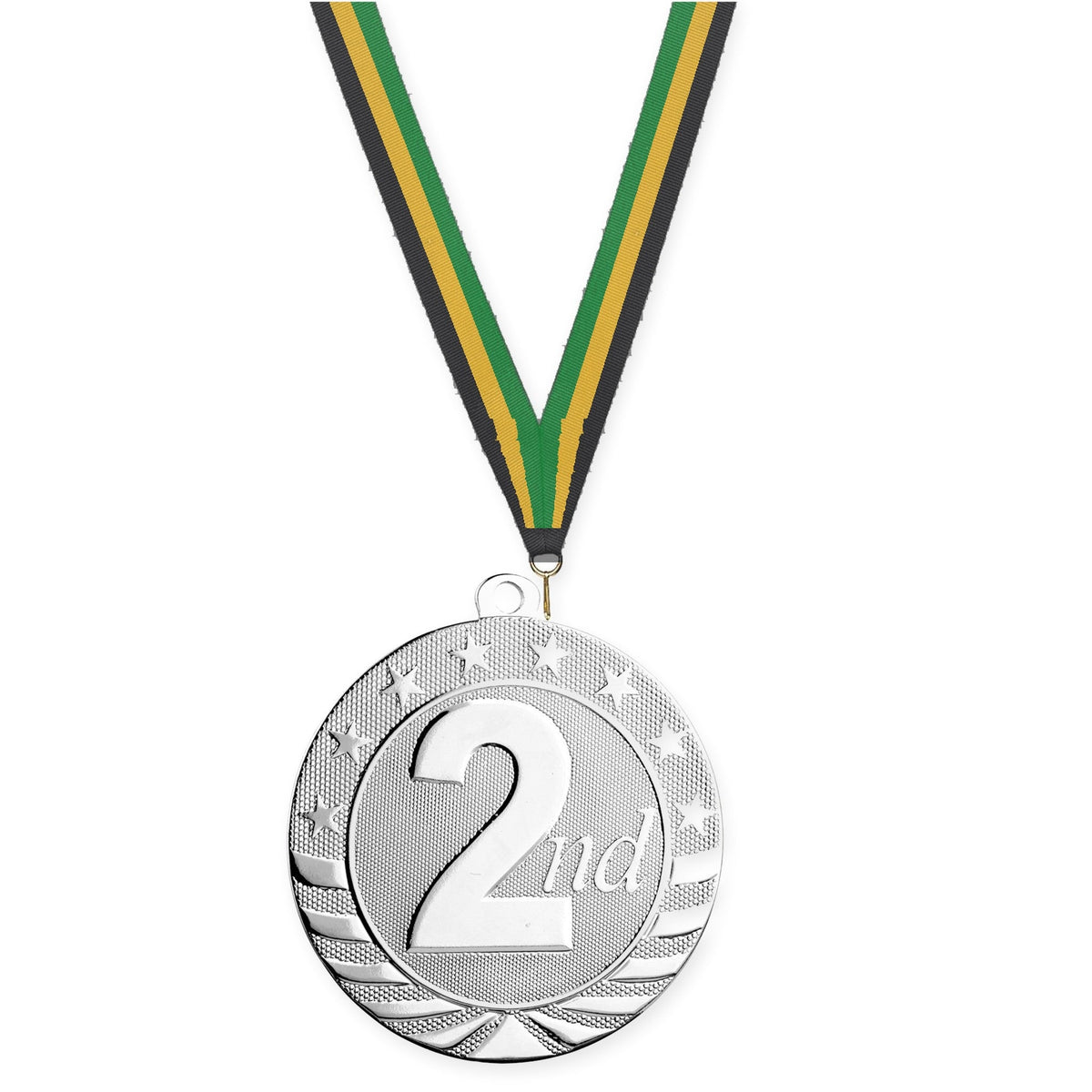 2 3/4 inch Place Starbrite medal in silver - 2nd place with Black Gold Green neck ribbon