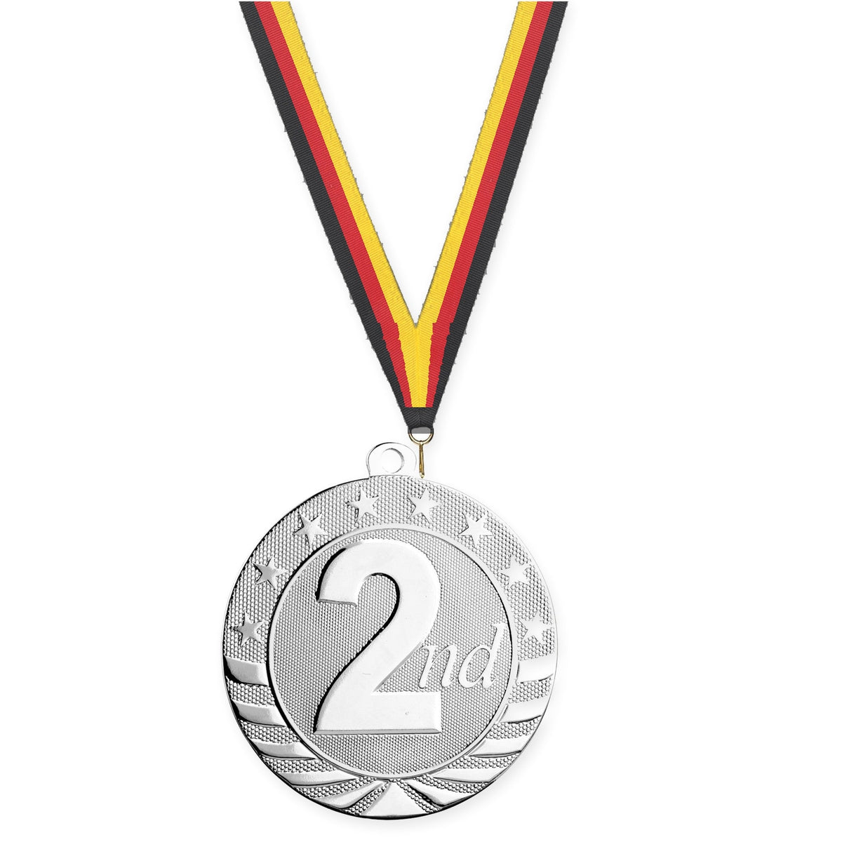 2 3/4 inch Place Starbrite medal in silver - 2nd place with Black Red Yellow neck ribbon