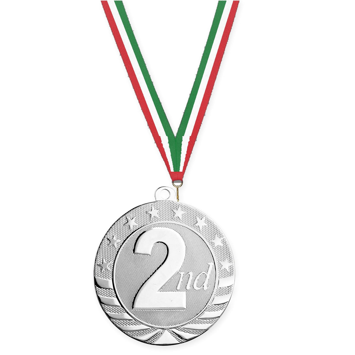 2 3/4 inch Place Starbrite medal in silver - 2nd place with Red White Green neck ribbon