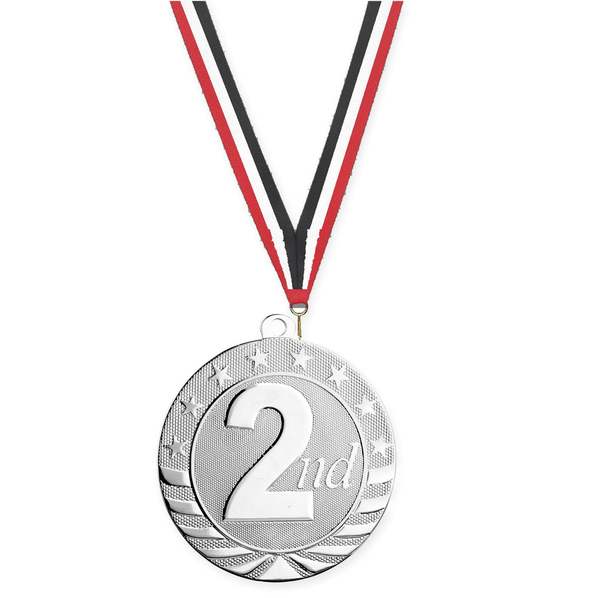 2 3/4 inch Place Starbrite medal in silver - 2nd place with Red White Black neck ribbon