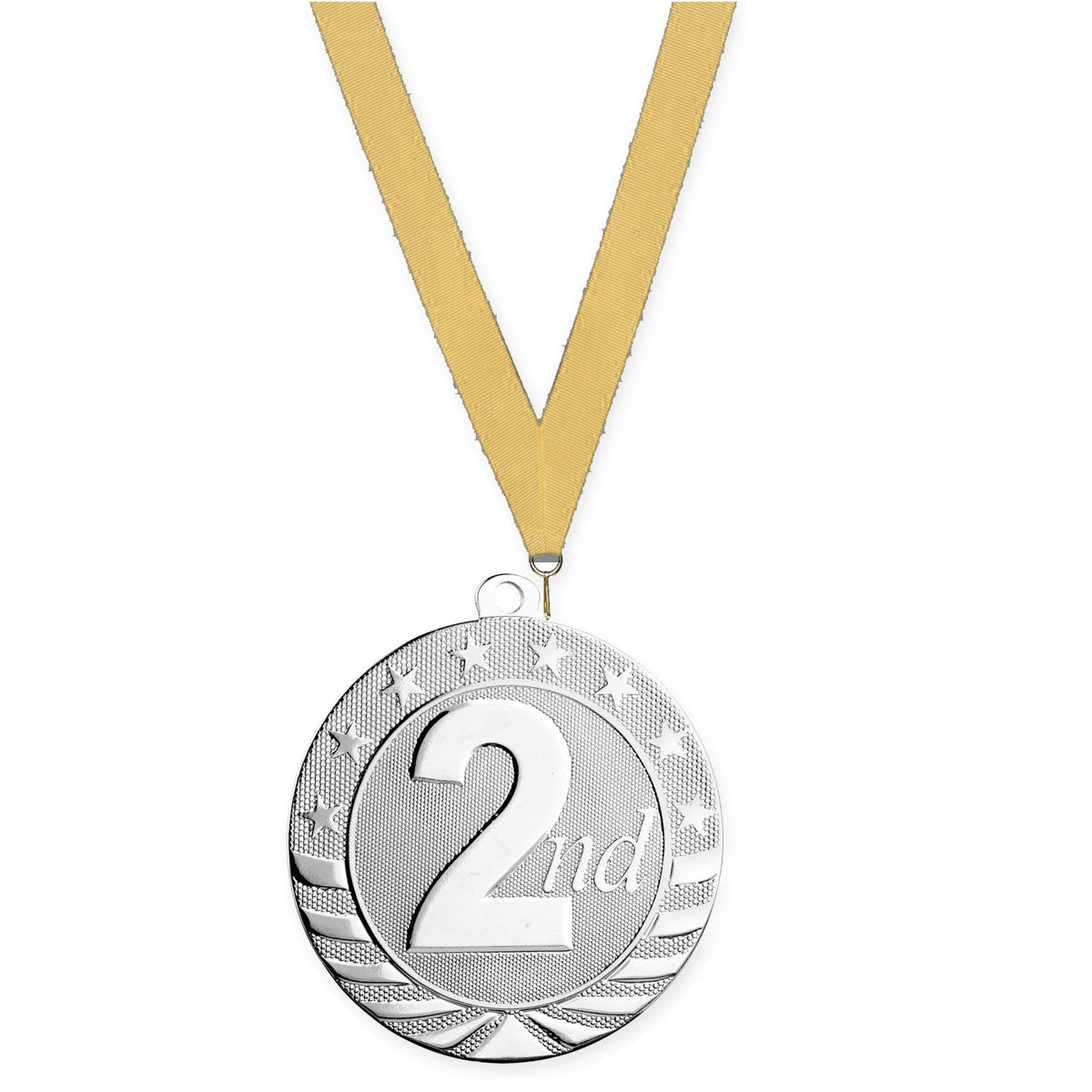 2 3/4 inch Place Starbrite medal in silver - 2nd place with Gold Metallic neck ribbon