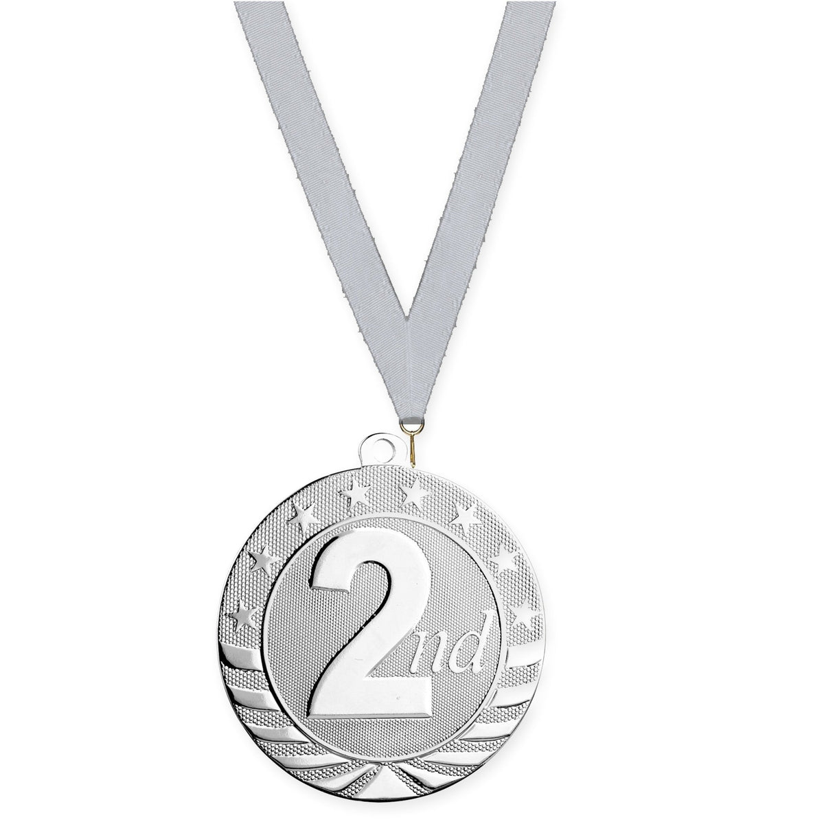 2 3/4 inch Place Starbrite medal in silver - 2nd place with Silver Metallic neck ribbon