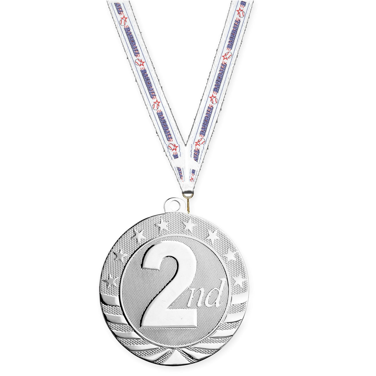 2 3/4 inch Place Starbrite medal in silver - 2nd place with Baseball neck ribbon