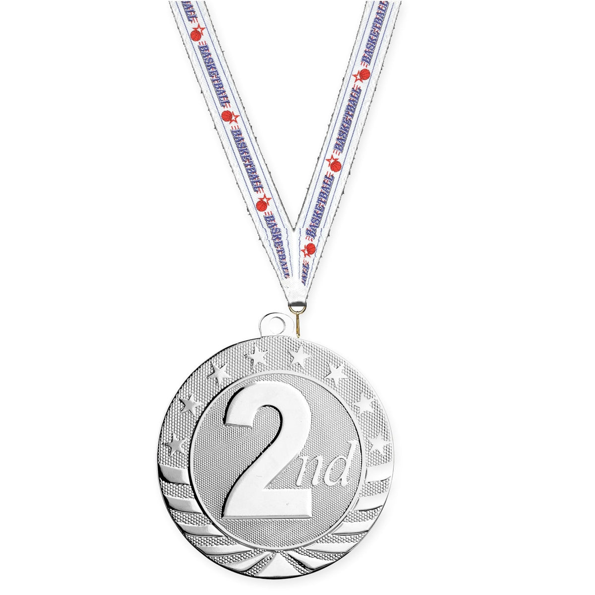 2 3/4 inch Place Starbrite medal in silver - 2nd place with Basketball neck ribbon