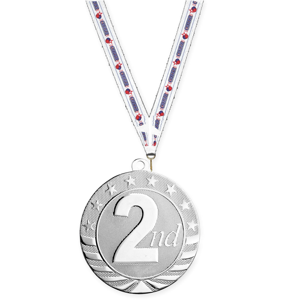 2 3/4 inch Place Starbrite medal in silver - 2nd place with Cheerleading neck ribbon