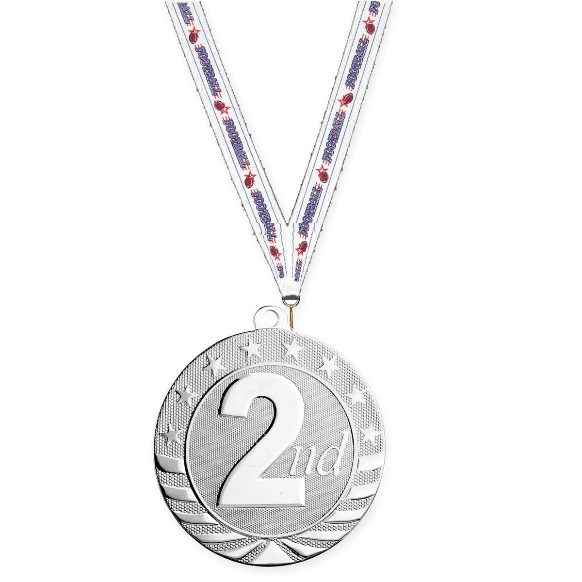 2 3/4 inch Place Starbrite medal in silver - 2nd place with Football neck ribbon