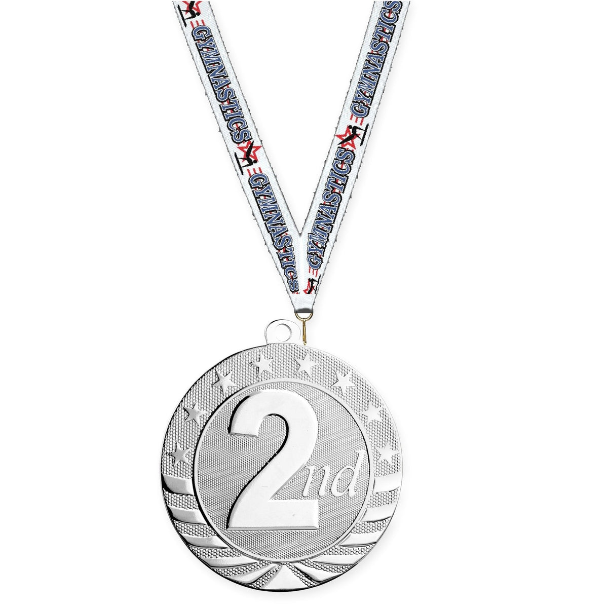 2 3/4 inch Place Starbrite medal in silver - 2nd place with Gymnastics neck ribbon