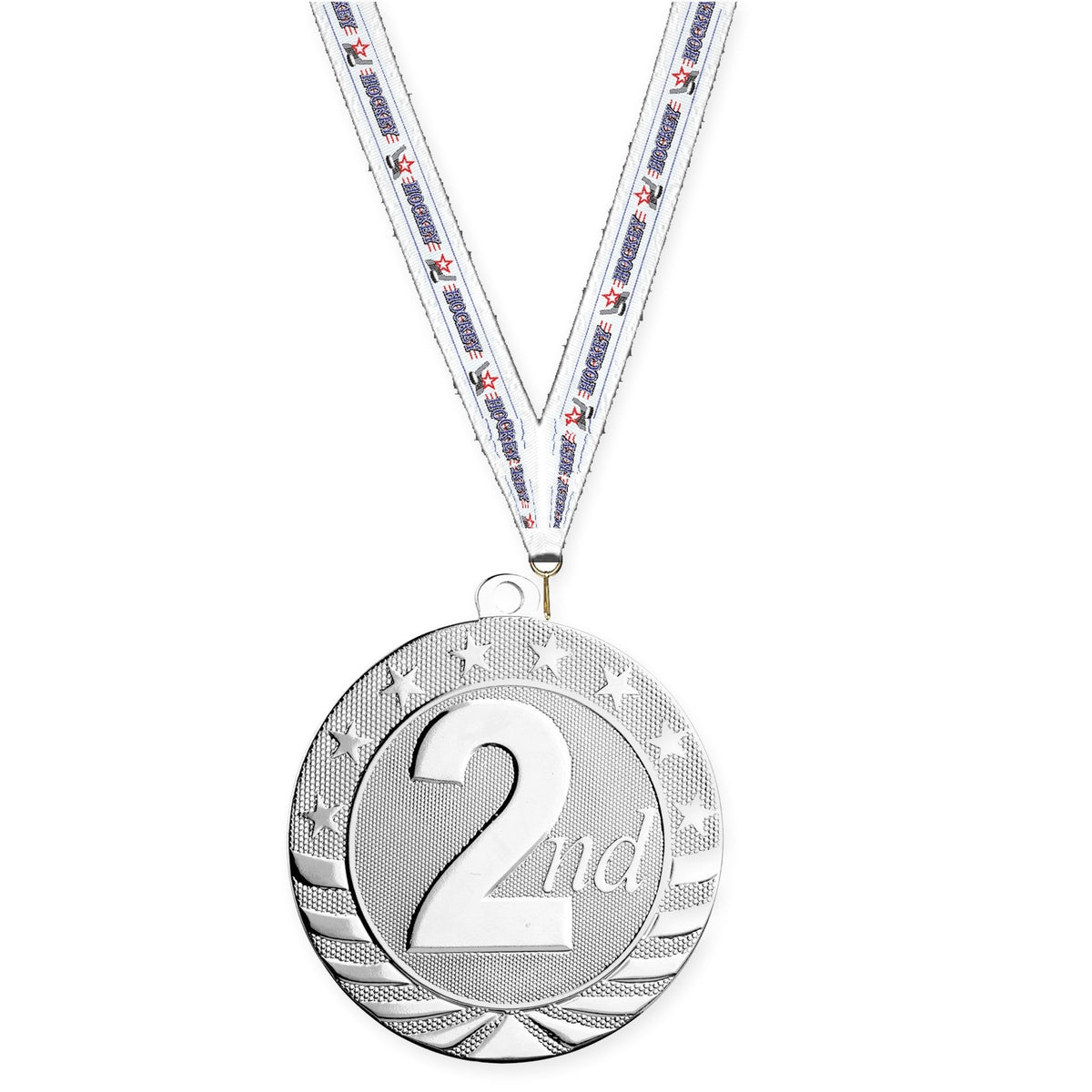 2 3/4 inch Place Starbrite medal in silver - 2nd place with Hockey neck ribbon