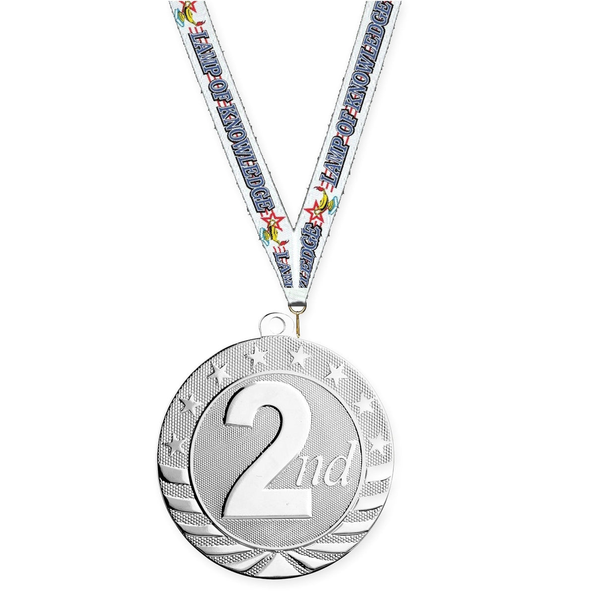 2 3/4 inch Place Starbrite medal in silver - 2nd place with Lamp Of Knowledge neck ribbon