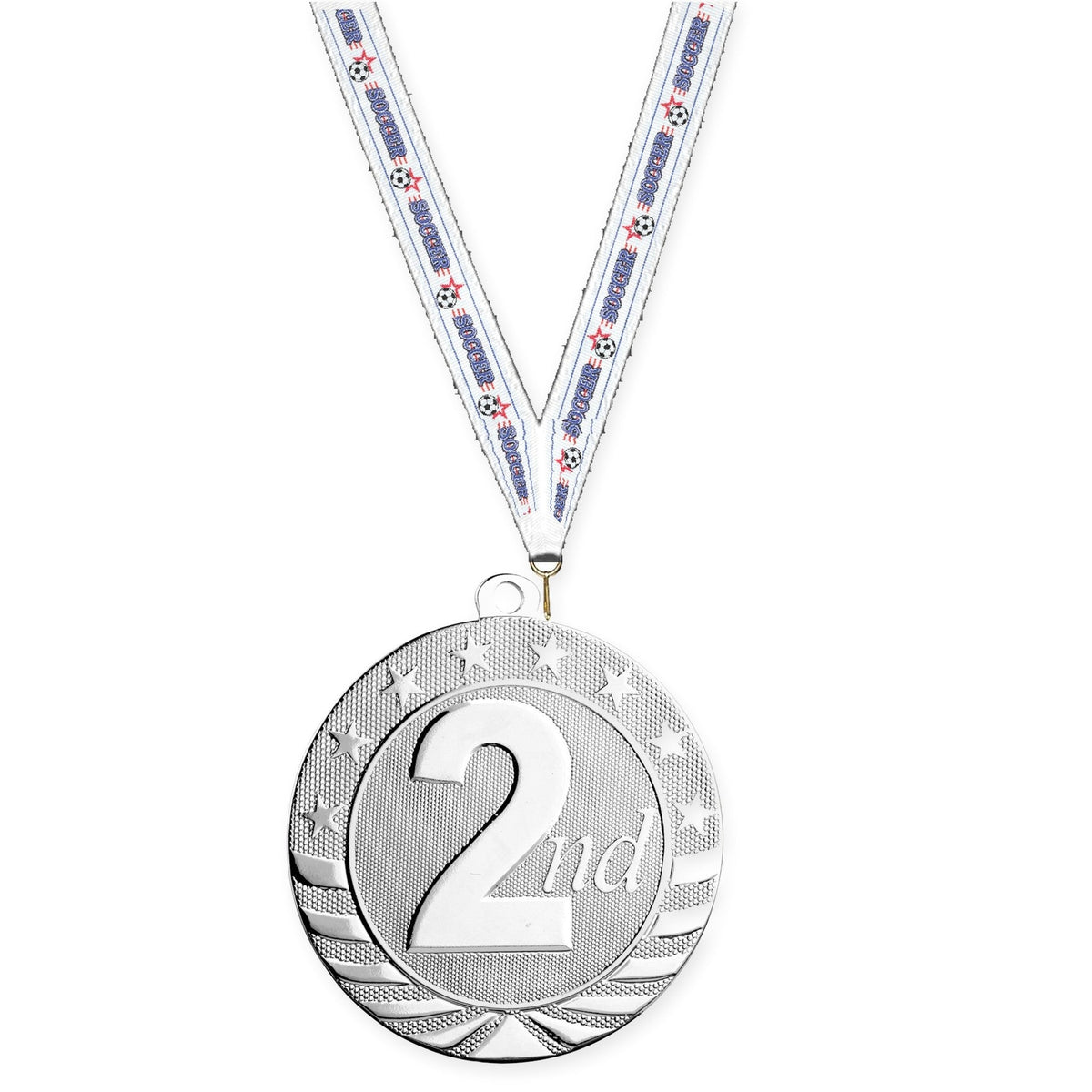 2 3/4 inch Place Starbrite medal in silver - 2nd place with Soccer neck ribbon
