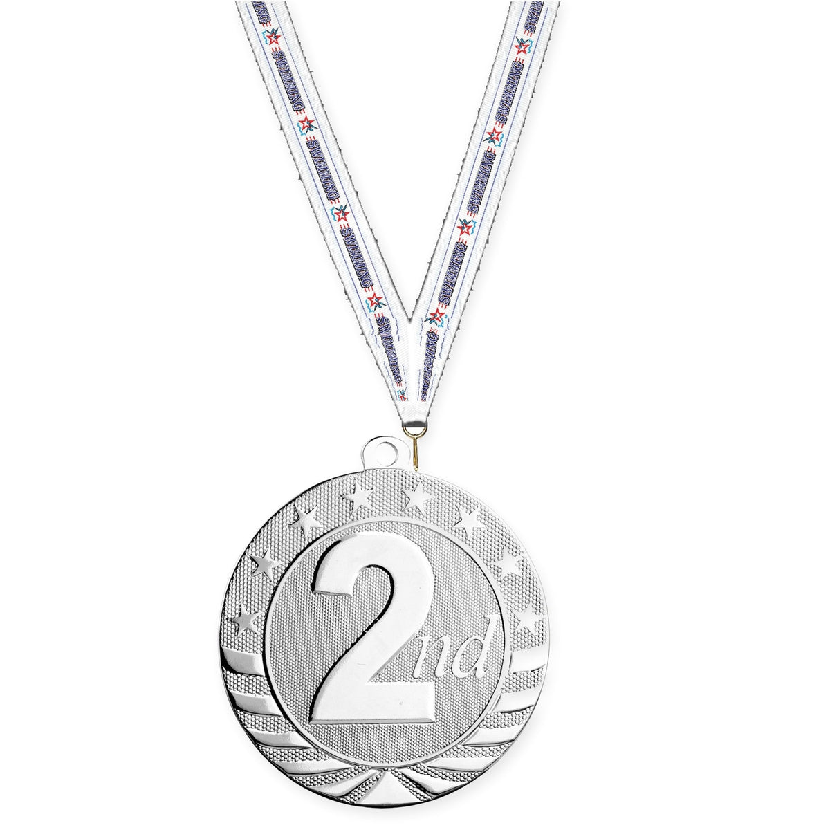 2 3/4 inch Place Starbrite medal in silver - 2nd place with Swimming neck ribbon