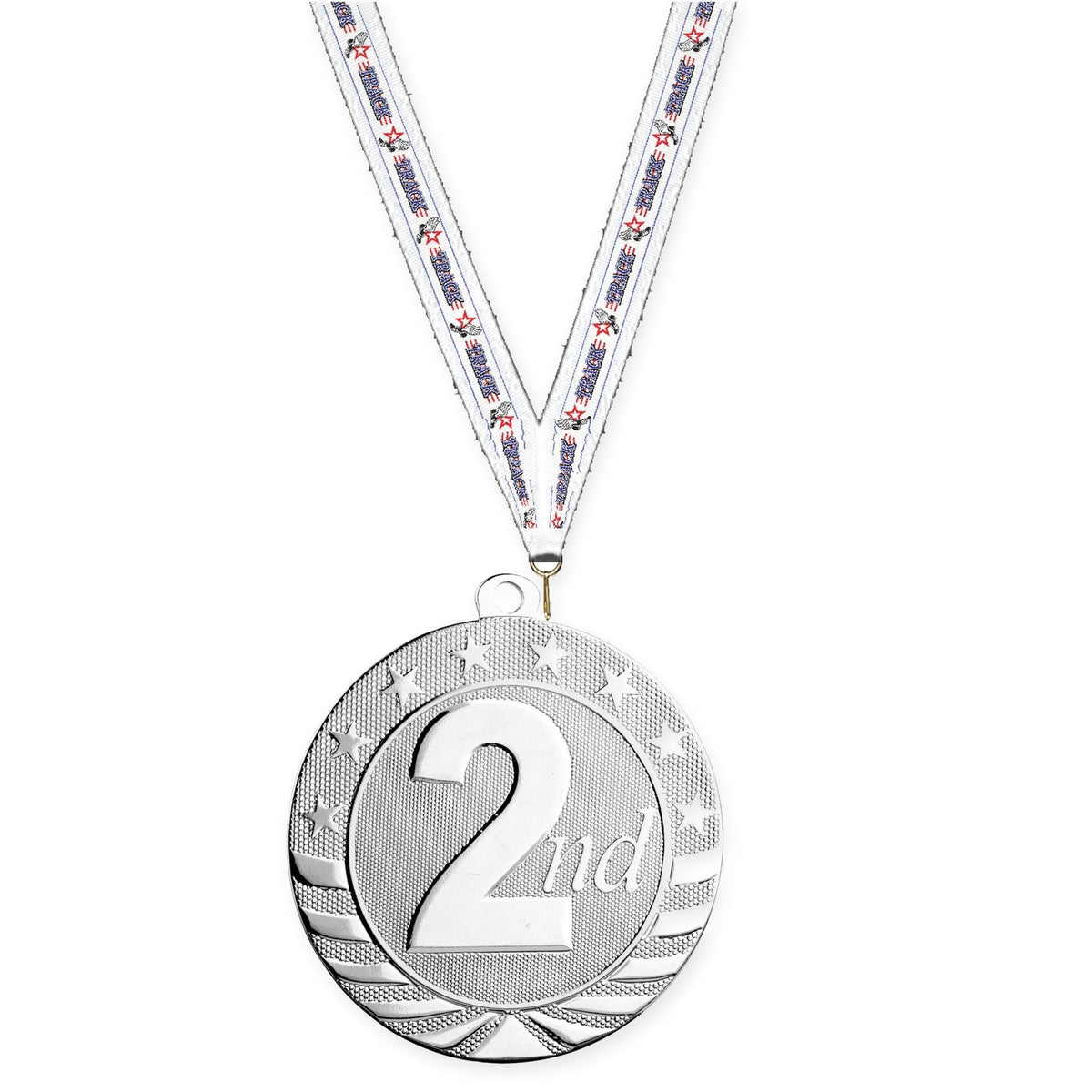 2 3/4 inch Place Starbrite medal in silver - 2nd place with Track neck ribbon