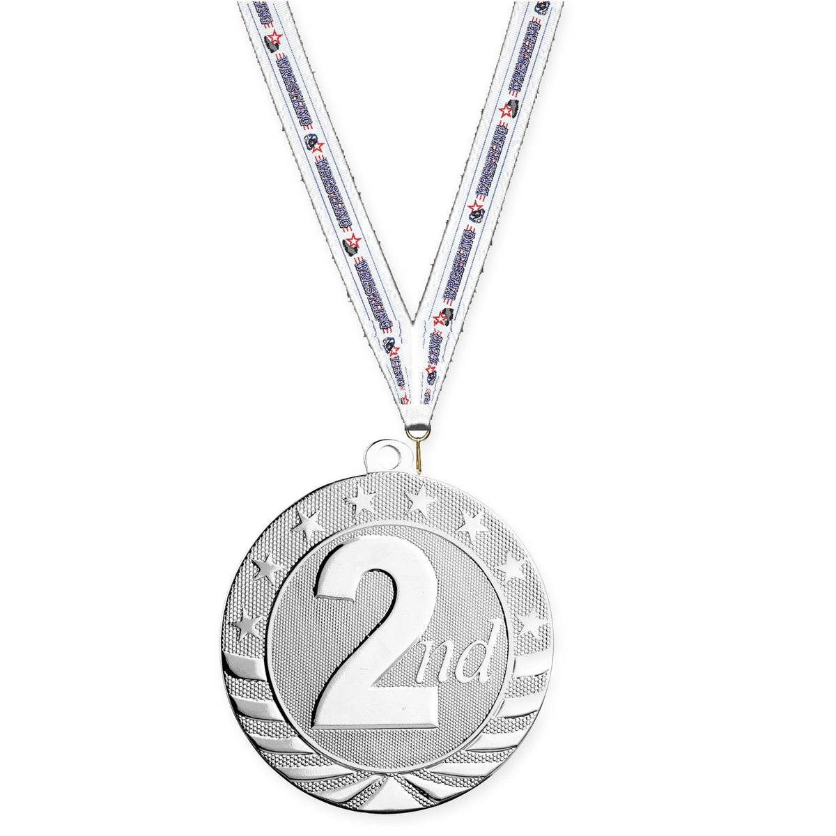 2 3/4 inch Place Starbrite medal in silver - 2nd place with Wrestling neck ribbon