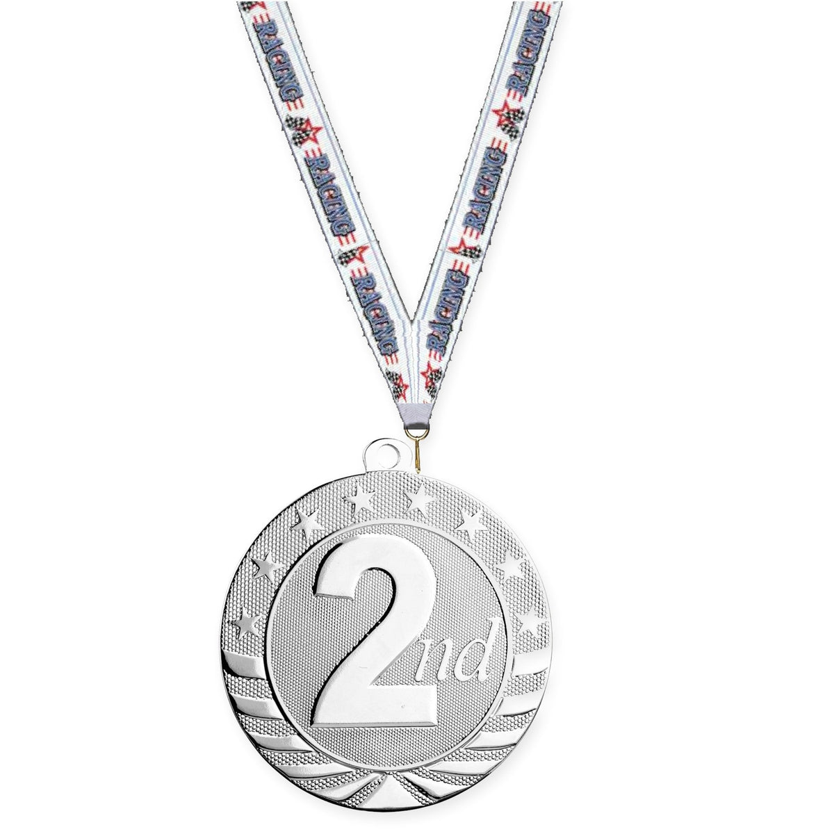 2 3/4 inch Place Starbrite medal in silver - 2nd place with Auto Racing neck ribbon