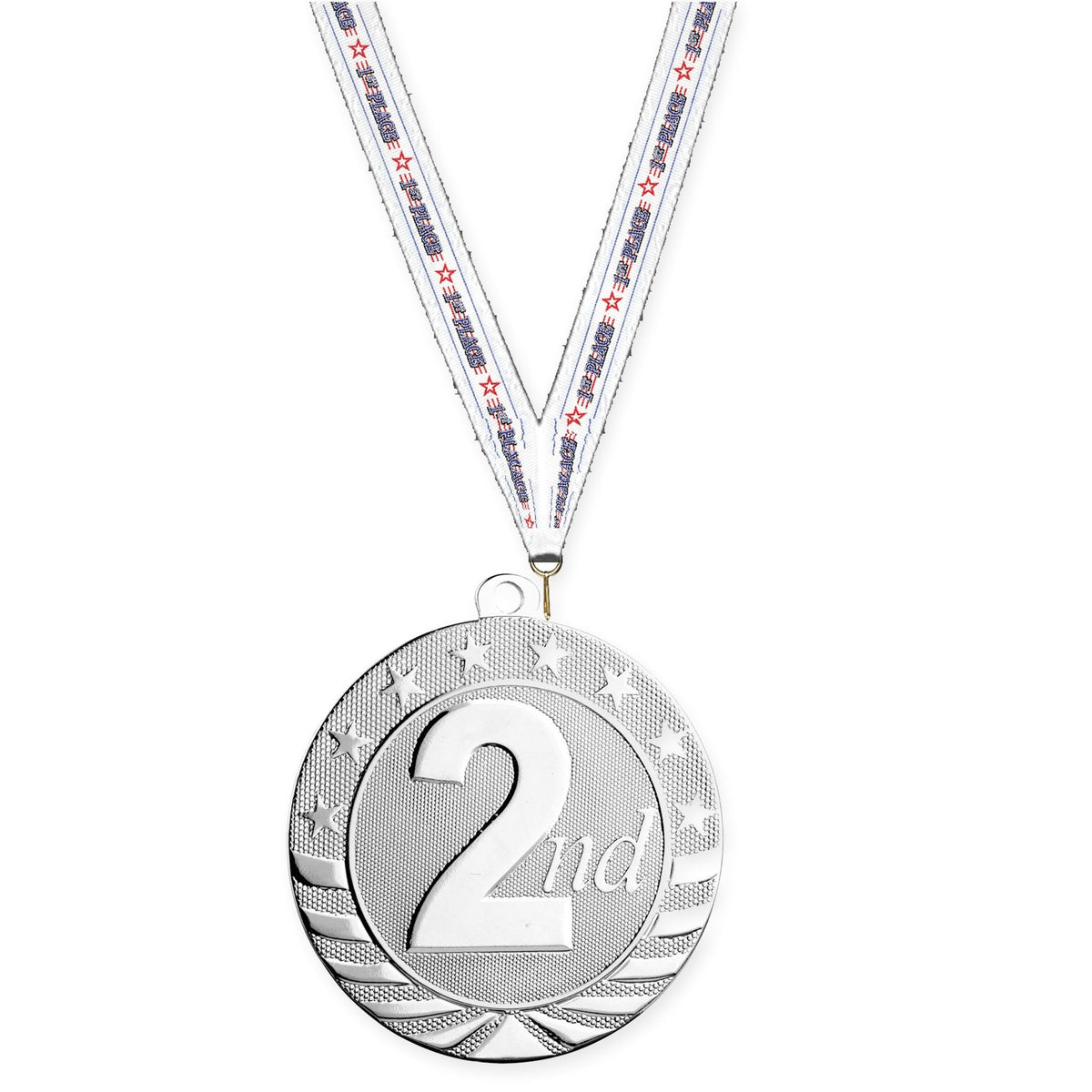 2 3/4 inch Place Starbrite medal in silver - 2nd place with 1st Place neck ribbon