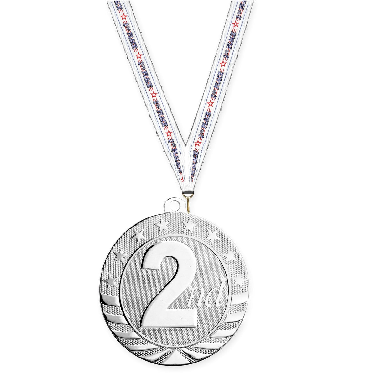 2 3/4 inch Place Starbrite medal in silver - 2nd place with 2nd Place neck ribbon