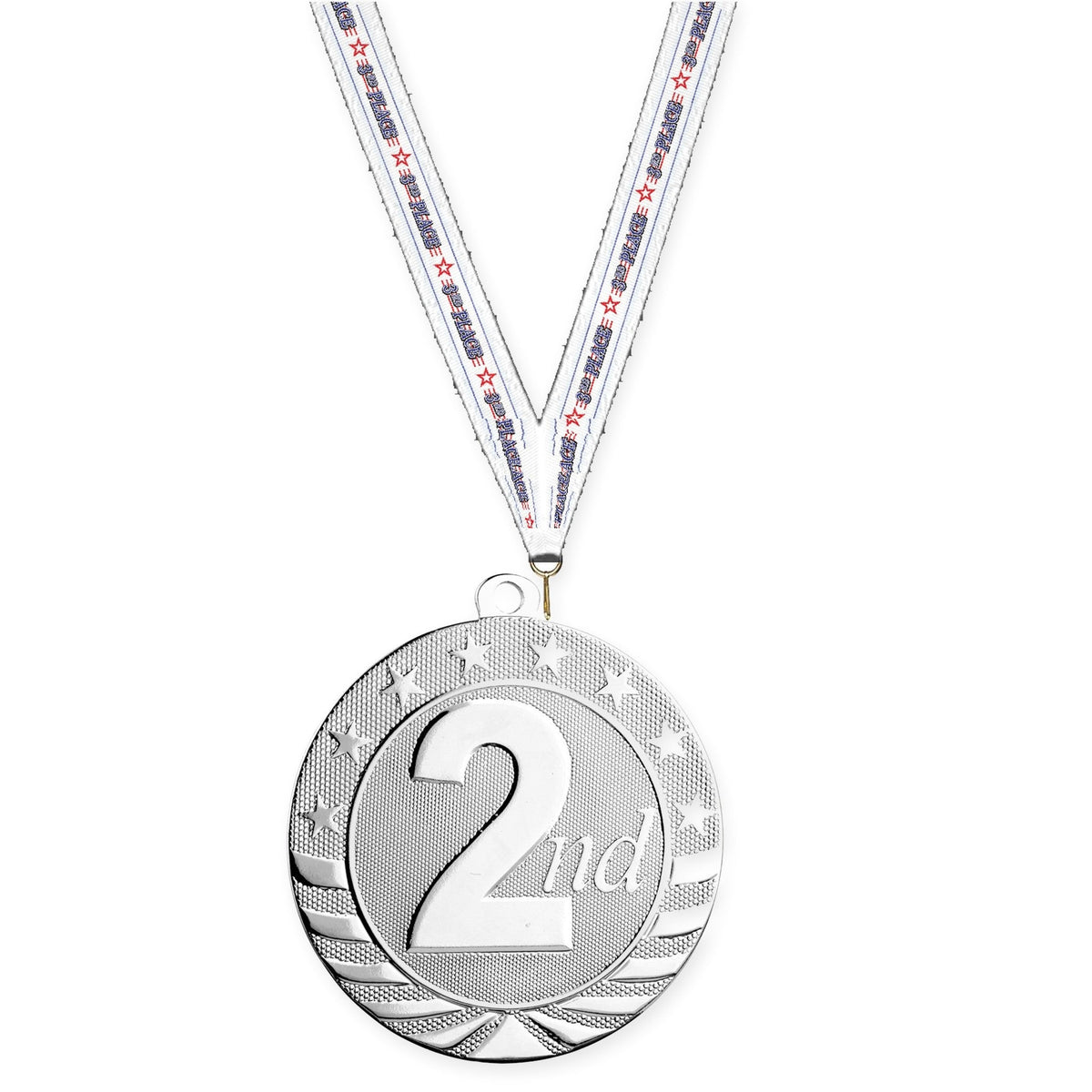 2 3/4 inch Place Starbrite medal in silver - 2nd place with 3rd Place neck ribbon