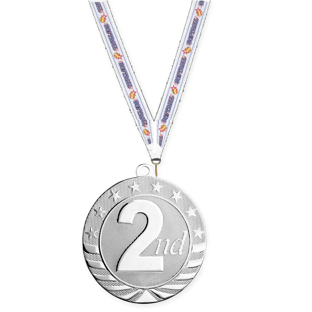 2 3/4 inch Place Starbrite medal in silver - 2nd place with Softball neck ribbon