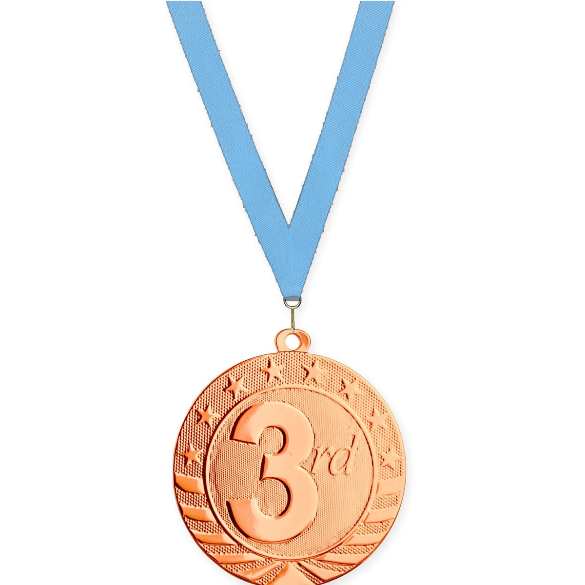 2 3/4 inch Place Starbrite medal in bronze - 3rd place with Light Blue neck ribbon