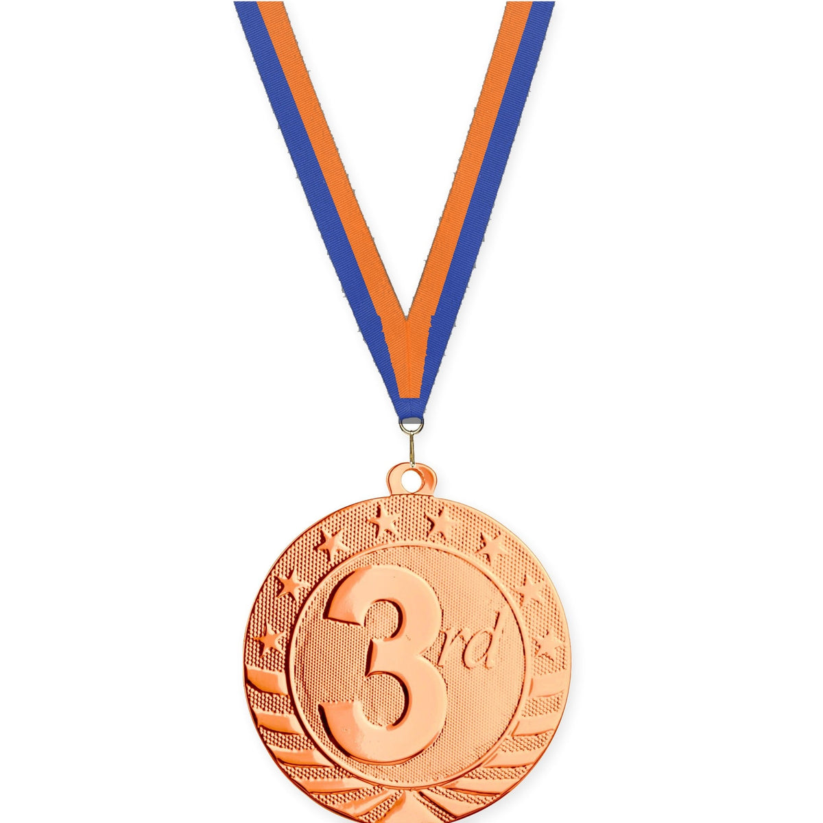2 3/4 inch Place Starbrite medal in bronze - 3rd place with Blue Orange neck ribbon