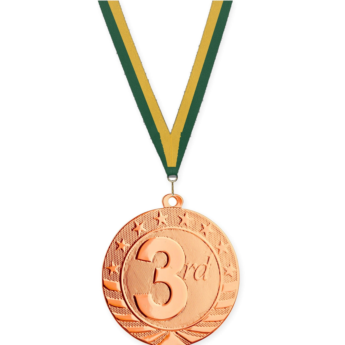 2 3/4 inch Place Starbrite medal in bronze - 3rd place with Hunter Green Gold neck ribbon